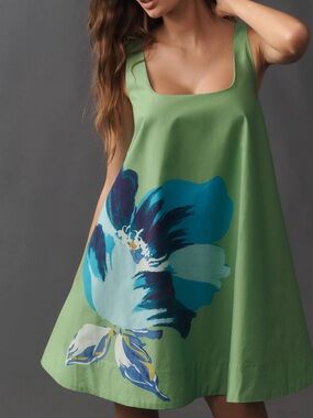 Anthropologie Maeve Square-Neck Cotton Poplin Mini Swing Dress in Green NWT